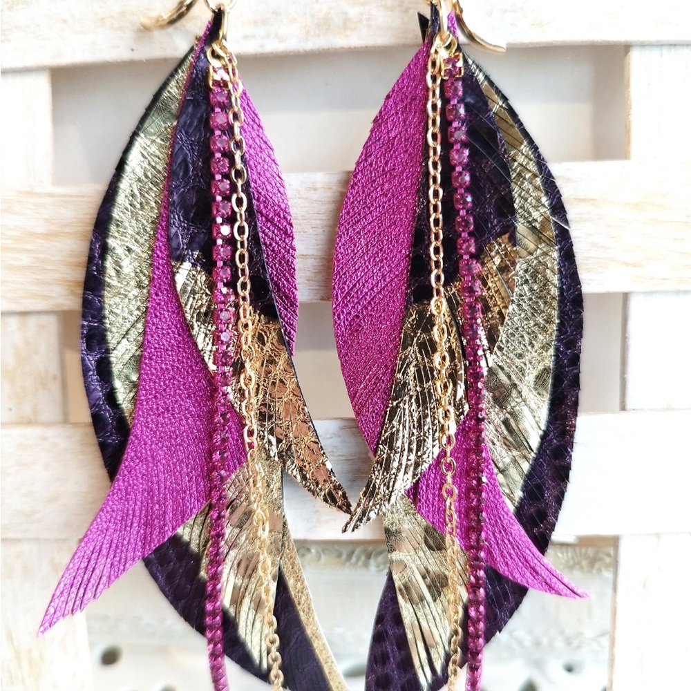 Elegant Gold and Purple Feather Earrings